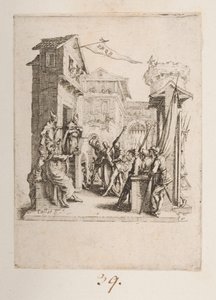 Christus vor Kaiphas gebracht, Nr. 7 von 11 aus Die kleine Passion von Jacques Callot