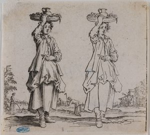 Verschiedene Figuren, Die Bäuerin von vorne mit einem Korb auf dem Kopf. Sechste Nummer einer Serie von 16 Stücken von Jacques Callot