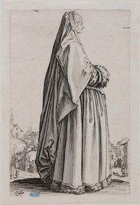 Der Adel, Die Dame mit einem großen Schleier und einem mit Pelz besetzten Kleid. Fünftes Stück einer Serie von 12 (Lieure 553, Meaume 679) von Jacques Callot