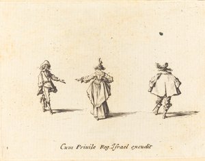Dame mit ausgestrecktem Arm, von hinten gesehen, und zwei Herren von Jacques Callot