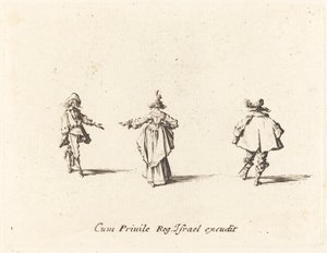 Dame mit ausgestrecktem Arm, von hinten gesehen, und zwei Herren von Jacques Callot