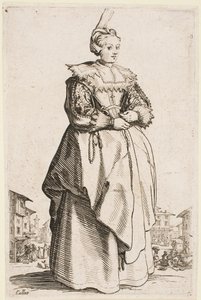 Dame mit erhobenem Hut, aus der Serie „Der Adel von Lothringen“ von Jacques Callot