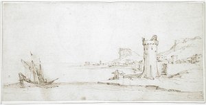 Landschaft mit Turm und Boot von Jacques Callot