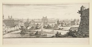 Landschaft mit großen, imposanten Gebäuden von Jacques Callot