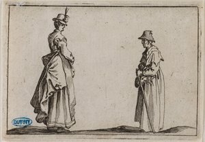 Die Launen, Zwei Frauen im Profil. Neunzehnte Nummer der Suite von 50 Stücken, in Florenz graviert von Jacques Callot