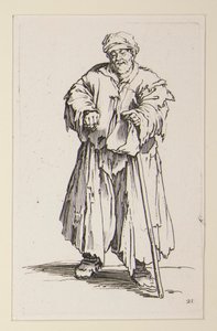 Fettleibiger Mann mit gesenkten Augen, aus den Bettlern von Jacques Callot