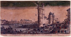Paris, Île de la Cité, Le Pont Neuf und der Turm von Nesle. Gravur von Jacques Callot von Jacques Callot