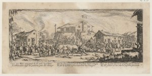 Plünderung und Niederbrennung eines Dorfes, Blatt 7 der Folge „Grauen des Krieges“ von Jacques Callot