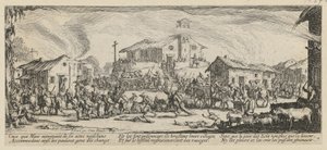 Plünderung und Niederbrennung eines Dorfes, Blatt 7 der Folge „Grauen des Krieges“ von Jacques Callot