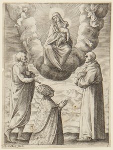 Papst Bonifatius VIII. mit dem heiligen Franziskus und dem heiligen Crispinus bei der Anbetung der Jungfrau und des Jesuskindes von Jacques Callot
