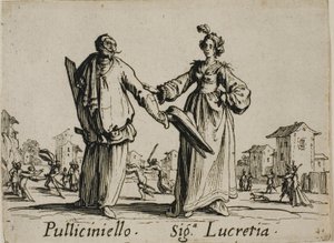 Pulliciniello - Signora Lucretia, Platte 9 aus Balli di Sfessania von Jacques Callot