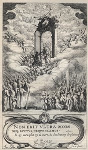Heilige und Heilige, die an die Tür des Paradieses eilen - Komposition und Gravur von Jacques Callot (1592-1635) von Jacques Callot