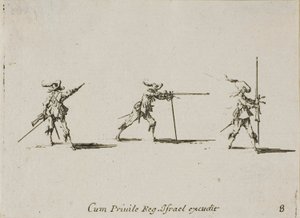 Einnehmen der Schussposition mit dem Musket, Tafel acht aus Die Militärübungen von Jacques Callot