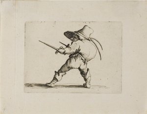Der Duellant mit einem Schwert und einem Dolch, aus Varie Figure Gobbi von Jacques Callot
