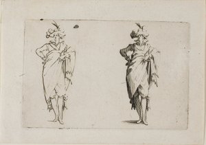 Der Herr von vorne gesehen, mit der rechten Hand auf der Hüfte, aus Die Caprices von Jacques Callot