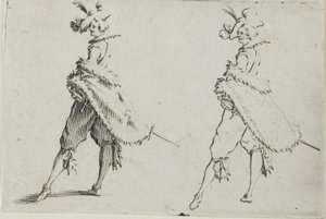Der Herr mit einem Mantel, posierend mit Händen in den Hüften, aus Die Caprices von Jacques Callot