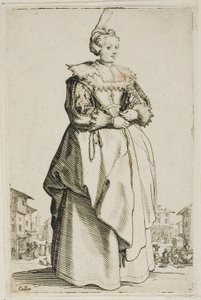 Die Dame mit der kleinen erhobenen Kappe, Platte eins aus La Noblesse von Jacques Callot
