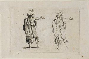 Der Mann von hinten gesehen, rechter Arm erhoben, aus Die Capricen von Jacques Callot