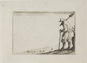Der Bauer trägt seine Schaufel auf der Schulter, aus Die Capricen von Jacques Callot