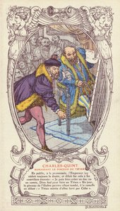 Karl V. hebt Tizians Pinsel auf, nachdem er ihn beim Arbeiten an einem Porträt des Kaisers fallen ließ von Jacques Emile (after) Blanche