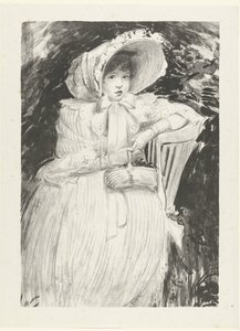 Sitzendes Mädchen mit Hut auf Stuhl mit Korb auf dem Schoß von Jacques Emile Blanche
