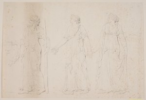 Opferhandlung (?) Drei gehende Figuren in griechischen Gewändern. Vorne ein Mann, der eine Amphore und einen Stab oder eine Fackel trägt, dahinter zwei Frauen von Jacques Francois Joseph Saly