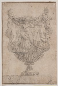 Prydvase mit Pan, Faun und Nymphe. Kopie nach Pl. 14 in der Suite der 1746 von Saly gezeichneten Vasen. "Vasa a se inventa..." von Jacques Francois Joseph Saly