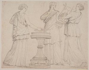 Drei Frauen in griechischen Gewändern an einem Altar. Die Frau links mit einer Tafel (?), in der Mitte mit einer Krone, rechts mit einer Lyra (Terpsichore?) von Jacques Francois Joseph Saly