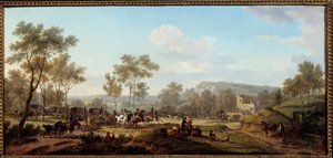 Ein Rennen in der Nähe von Longchamps, Kutschen und Reiter in der Pariser Landschaft von Jacques Francois Joseph Swebach