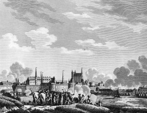 Angriff der Vendeer auf Nantes am 29. Juni 1793. Gravur von Berthaut nach Swebach. Paris, Bibliothek des Instituts für Revolutionsgeschichte