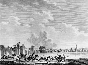 Französische Revolution: Niederlage von Passy (Pacy-sur-Eure) am 13. Juli 1793. Gravur von Berthaut nach Swebach. Paris, Bibliothek des Instituts für Revolutionsgeschichte