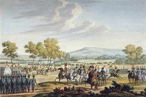 Die kaiserliche Garde manövriert in Anwesenheit der beiden Kaiser in Tilsit, 28. Juni 1807, graviert von Edme Bovinet (1767-1832)