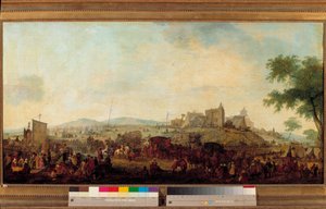 Ansicht des Manöverlagers, das unter dem Kommando des Prinzen von Condé in der Nähe von Saint Omer vom 5. August bis 25. September 1788 eingerichtet wurde. Dies ist Louis V Joseph de Bourbon-Condé (1736-1818). Gemälde von Jacques François Joseph Swebach (1