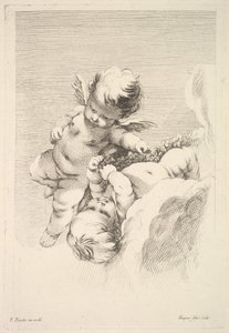 Zwei Cupidos, einer hält einen Kranz von Jacques Gabriel Huquier