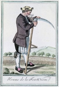 Mann aus dem Schwarzwald, der seine Sense für die Ernte schärft - in „Encyclopedia of Voyages“ von Grasset St Sauveur, ed. Deroy, Paris