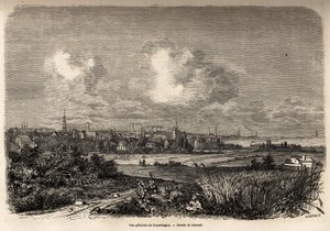Gesamtansicht von Kopenhagen, Zeichnung von Jacques Guiaud (1810-1876), zur Illustration der Reise von J.M.Dargaud nach Dänemark (1800-1860) im Jahr 1860. Gravur in „Le tour du monde“, herausgegeben von Edouard Charton.