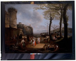 La Tarantelle: Eine abendliche Küstenlandschaft mit neapolitanischen Bauern, die die Tarantella tanzen
