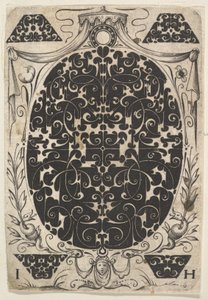 Ovales Anhänger dekoriert mit Schweifwerk, umgeben von kleineren Motiven und gekrönt von..., ca. 1614-19