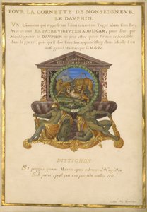 Ms. 11 (4) f.5, Emblem für Louis XIV, ca. 1663-68 (Gouache & Gold auf Pergament) von Jacques I Bailly