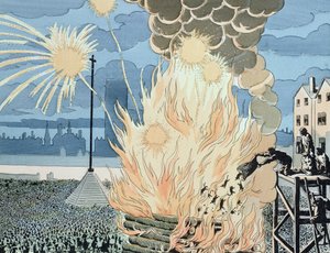 Katzen, die in das Lagerfeuer auf dem Place de Grève, Paris, während der Nacht der Sommersonnenwende geworfen werden, Illustration aus 
