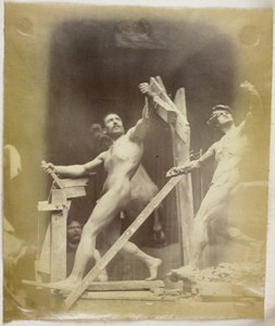 Studie eines männlichen Aktmodells mit der Hand in einem Gestell, von der Seite gesehen und neben einem Gipsmodell in derselben Pose, im Atelier von Jacques de Lalaing von Jacques Lalaing (attributed to)