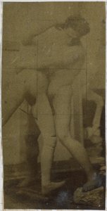 Studie eines männlichen Aktmodells, stehend und ringend mit einer Gliederpuppe, im Atelier von Jacques de Lalaing, möglicherweise Vorstudie für das Gemälde Die Ringer von Jacques Lalaing (attributed to)