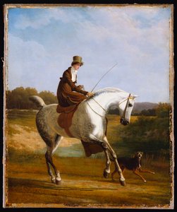 Miss Cazenove auf einem grauen Jäger, ein Hund läuft daneben von Jacques Laurent Agasse