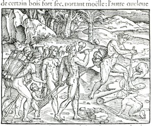 Indische Ureinwohner machen Feuer nach der Jagd, graviert von Theodor de Bry (1525-75) von Jacques Le Moyne