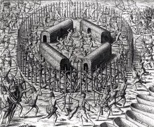 Johannes Staden hilft, die Indianer zu verteidigen, die ihn gefangen genommen haben, gegen die Tuppin Tkins, graviert von Theodore de Bry (1528-98), aus 