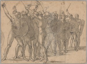Nackte Soldaten, die mit ihren Waffen gestikulieren (recto); Zwei Draperiestudien für die Figur von Tatius (verso)