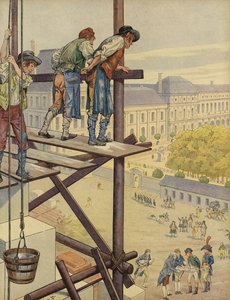 Bauarbeiter blicken vom Gerüst auf den Place des Pyramides hinunter von Jacques Marie Gaston Onfray de Breville (Job)