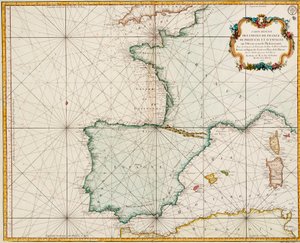 Karte von Westeuropa mit dem Pariser Meridian als Nullmeridian von Jacques Nicolas Bellin
