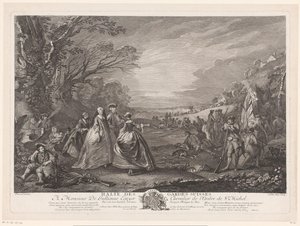 Landschaft mit vier Figuren, die ein Lager besuchen von Jacques Philippe Le Bas