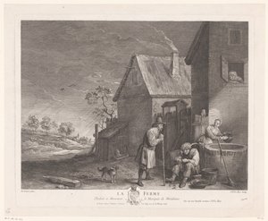 Zwei Männer und eine Frau vor dem Brunnen bei einem Bauernhof (La Ferme) von Jacques Philippe Le Bas